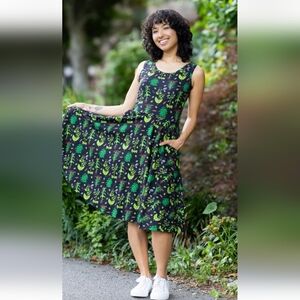 Chic Green "Genetic" Leaf Print Midi Dress 100% Organic Cotton STEM Pockets